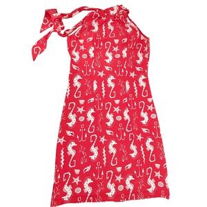 Katherine Way Red White Seahorse Anchor Nautical Halter Tie Neck Dress XS USA